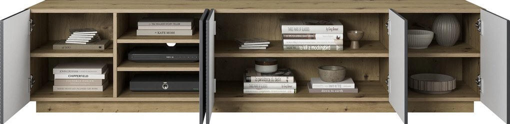 Comodă TV Asha 200 cm, cu 5 uși și fronturi riflate – stejar artisan / rivier stone mat