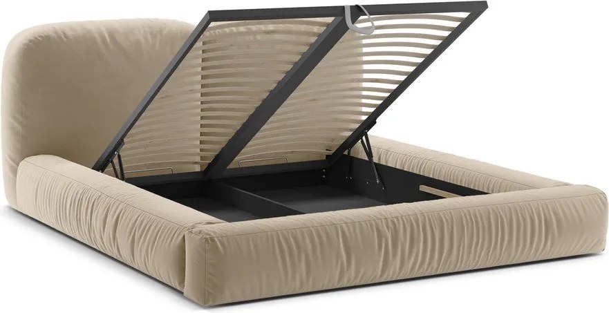 Pat matrimonial bej tapițat cu spațiu de depozitare cu somieră 180x200 cm Martina – Micadoni