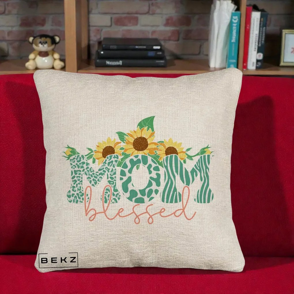 Cadou pentru Mama - Perna Personalizata Mom Blessed cu Floarea Soarelui Animal Print Teal, 40x40 cm, Bej Canapea, Husa Detasabila, Perna Inclusa, BEKZ®