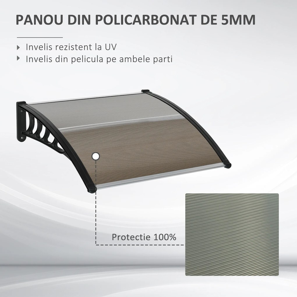 Outsunny Copertină Policarbonat Aluminiu 100x100cm pentru Uși Ferestre Exterior Montaj Ușor Maro | Aosom Romania