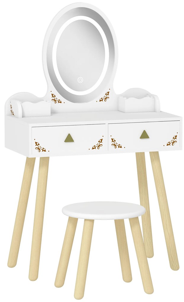 AIYAPLAY Set Măsuță și Scaun pentru Copii cu Oglindă cu Lumini LED în 3 Culori, Sertar, Cutii de Depozitare, pentru 3+ Ani, Alb | Aosom Romania