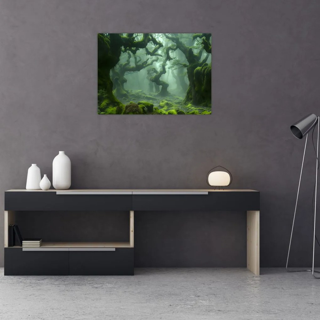 Tablou pe sticlă - O pădure acoperită de mușchi (70x50 cm)