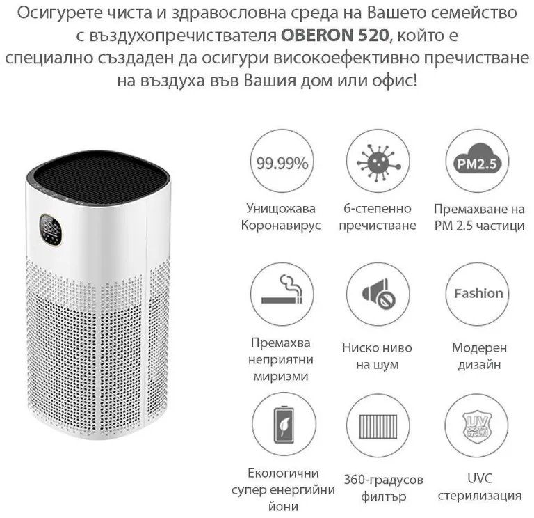 Purificator de aer atractiv OBERON 520, 50W, Pana la 62 m², Wi-Fi, 5 viteze, Temporizator, Mod de noapte, Telecomanda, Senzor inteligent de poluare, Gri inchis