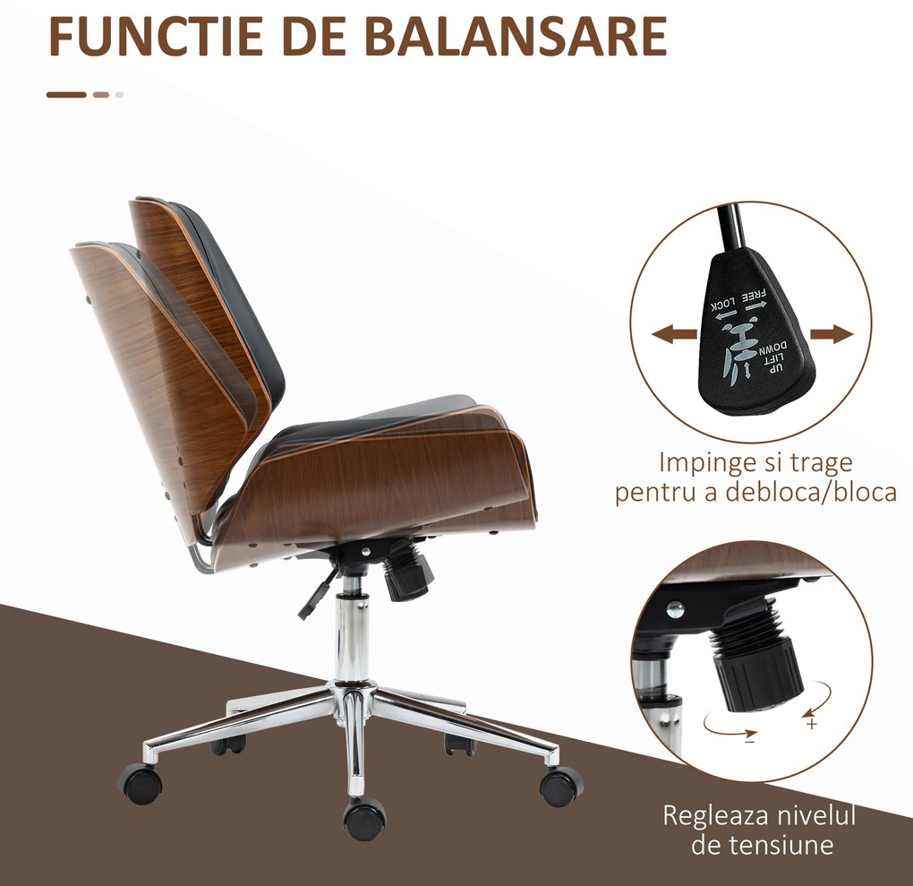 Vinsetto Scaun de birou Vintage, căptușit, din piele ecologică, lemn și oțel, 53x60x86-96 cm, negru și maro închis | Aosom Romania