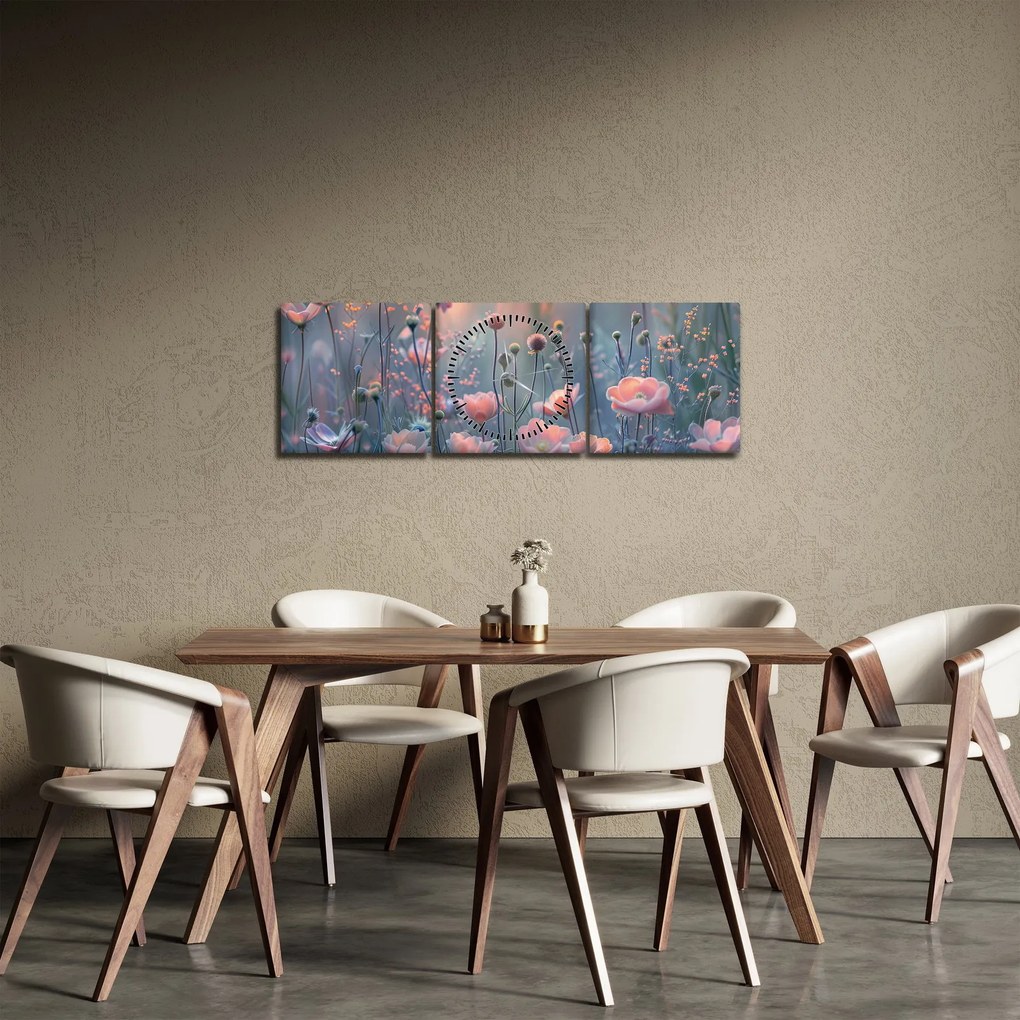 Tablou - Flori în culori pastelate (cu ceas) (90x30 cm)