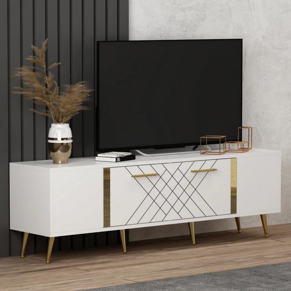 Comoda TV Detas, Alb / Auriu