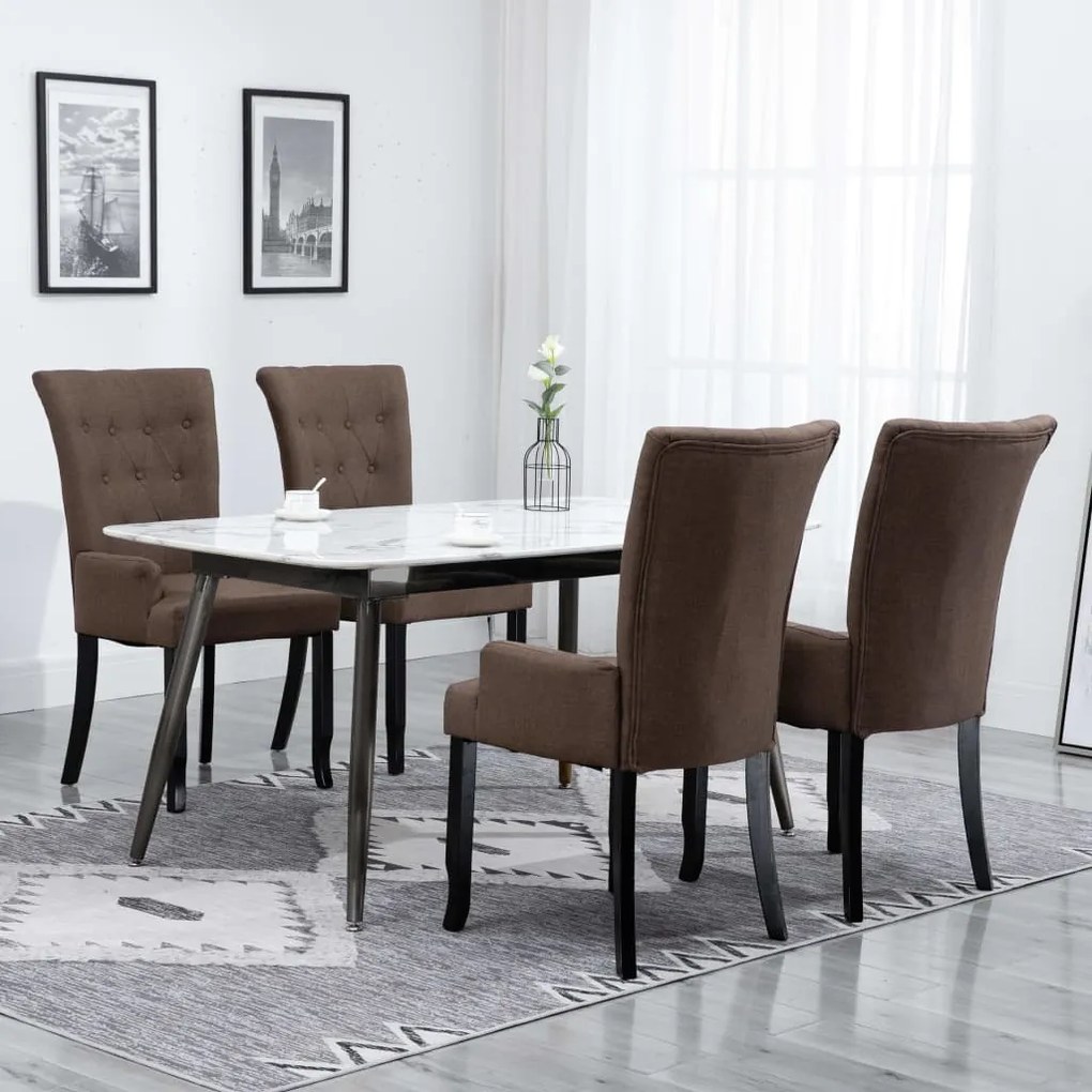 vidaXL Scaune de bucătărie cu brațe, 4 buc., maro, material textil