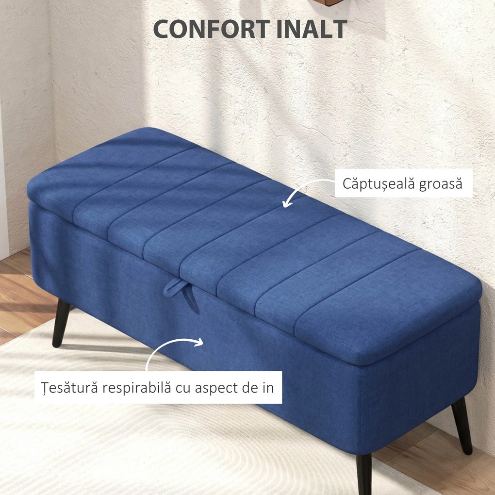 HOMCOM Bancă de depozitare 40", tapițată din material textil cu picioare din oțel pentru Living sau Dormitor, Albastru Închis | Aosom Romania