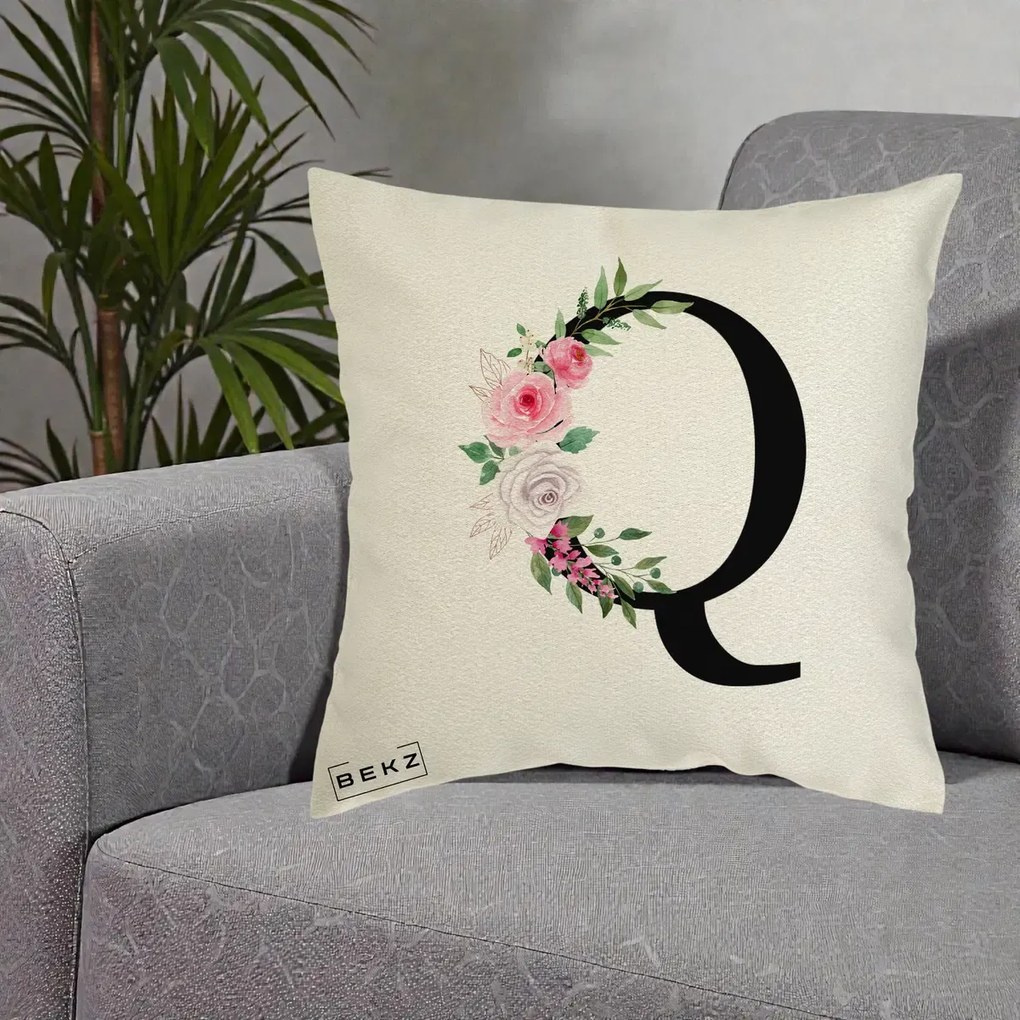 Cadou Personalizat - Perna Personalizata Monograma Florala Litera Q, 40x40 cm, Ecru, Husa Detasabila, Perna Inclusa, BEKZ®