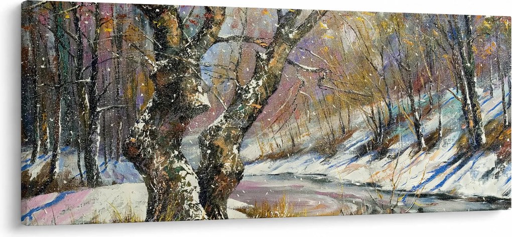 Tablou cu peisaj de iarnă pictat (120x50 cm)