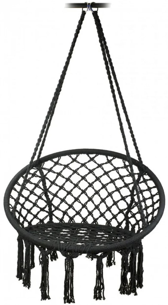 Scaun Rotund Suspendat tip Leagan Pentru Casa sau Gradina HOUSEXL™ ROUND COZY NEST, Cu Franjuri, 120 Kg, Negru
