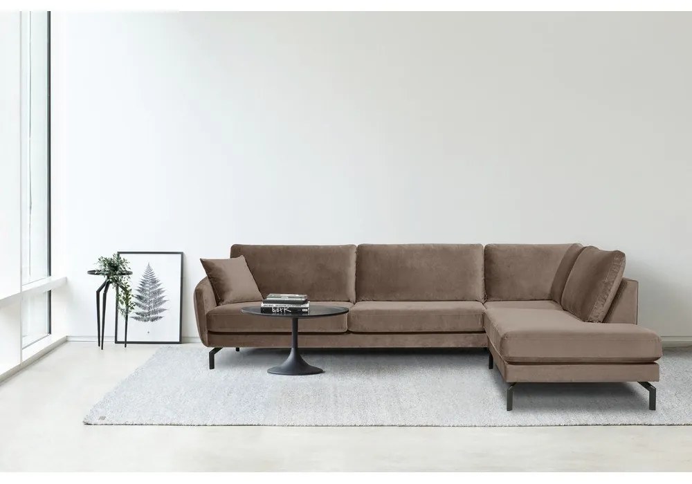 Colțar maro/bej din catifea (cu șezlong pe partea dreaptă) Magic - Scandic