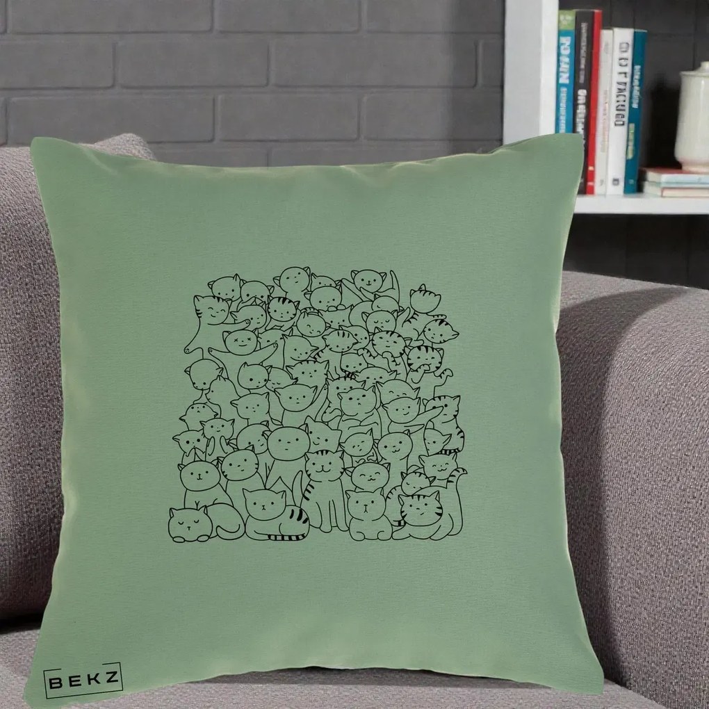 Perna Personalizata Many Cats Pattern Alb-Negru, 40x40 cm, Verde, Husa Detasabila, Perna Inclusa, BEKZ®