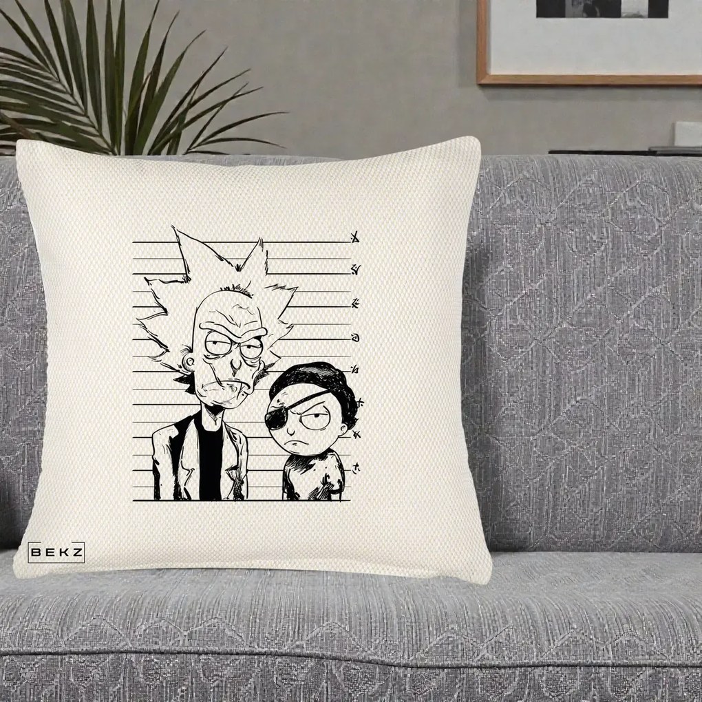Perna Personalizata Rick si Morty Dosar, 40x40 cm, Crem Reliefat, Husa Detasabila, Perna Inclusa, BEKZ®
