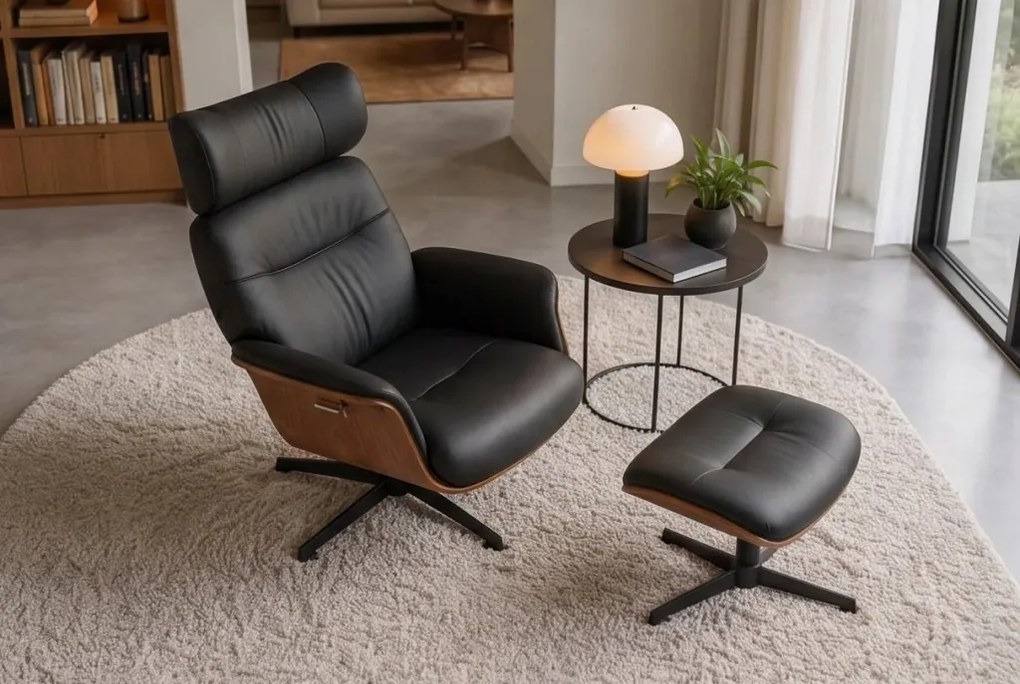 Fotoliu pivotant, functie relax, piele sintetica si furnir de nuc VOGUE