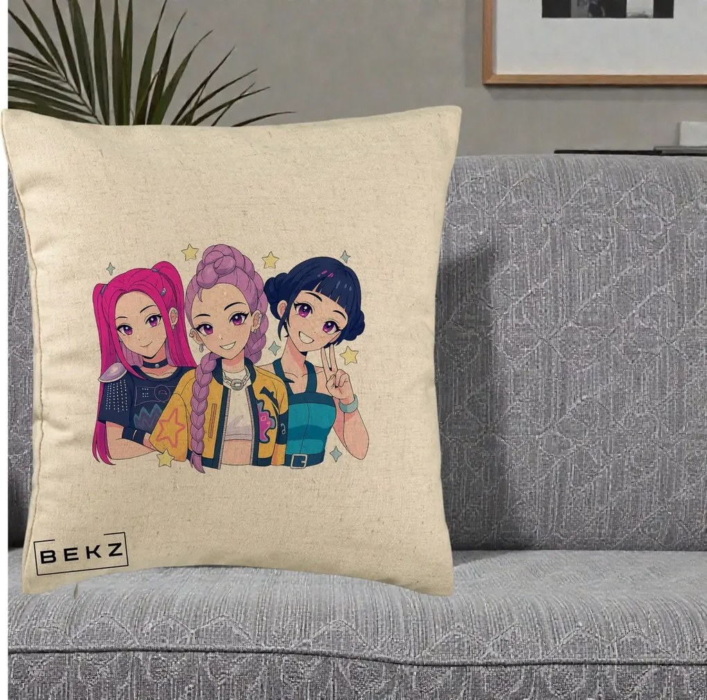 Perna Personalizata K-pop HUNTRX Trio Anime Stele, 40x40 cm, Bej, Husa Detasabila, Perna Inclusa, BEKZ®