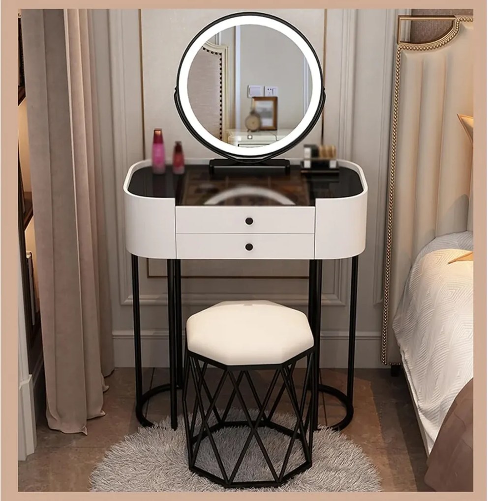 Set Bianca, Masă de toaletă pentru machiaj cu oglindă iluminată LED, control touch, taburet tapitat, 80x40x78 cm, Alb/Negru