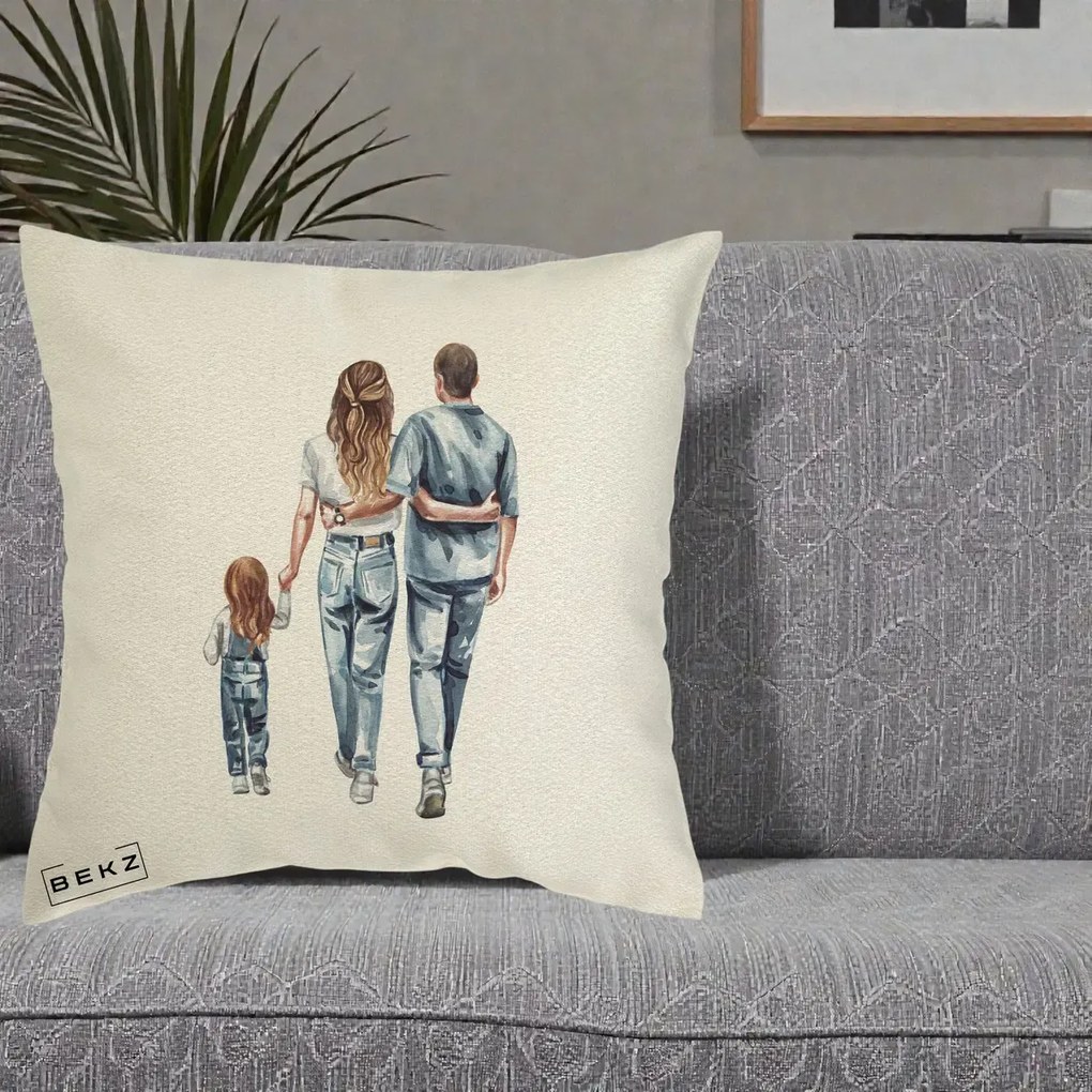 Cadou pentru Familie - Perna Personalizata Familie Acuarela Jeans, 40x40 cm, Ecru, Husa Detasabila, Perna Inclusa, BEKZ®