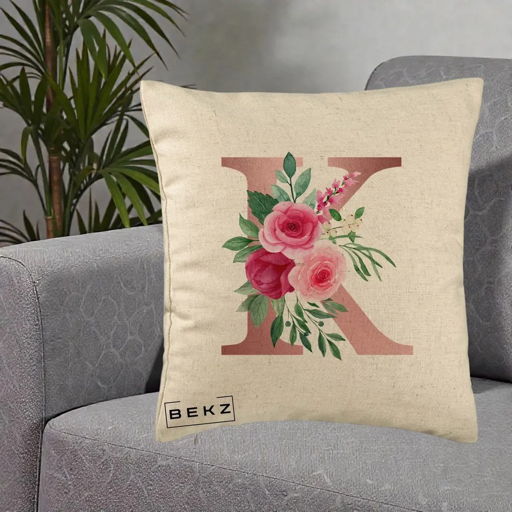 Cadou Personalizat - Perna Personalizata Monograma Rose Gold Litera K, 40x40 cm, Bej, Husa Detasabila, Perna Inclusa, BEKZ®