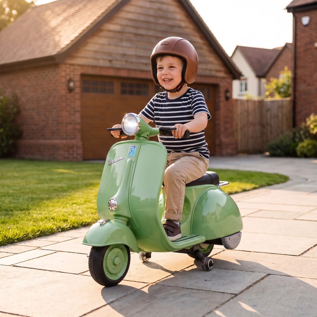 AIYAPLAY Motocicletă Electrică pentru Copii 3+ Ani, Licență VESPA, 6V, cu Roți Ajutătoare Detașabile, Max. 30 kg, Verde | Aosom Romania