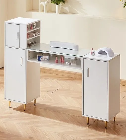 MANIA203 - Masuta manichiura, 135 cm, cu pernita, blat de sticla, masa cosmetica - Alba