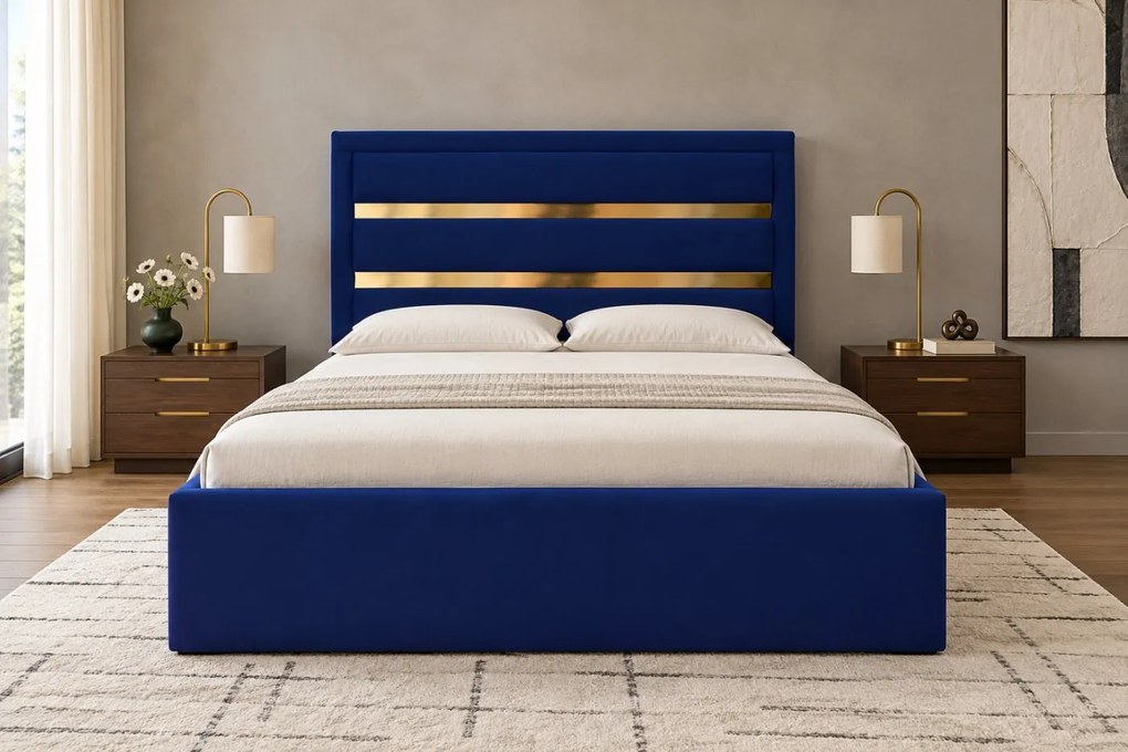 Pat tapițat din catifea Noren 120×200 cm, bleumarin, detalii aurii, cu ladă de depozitare
