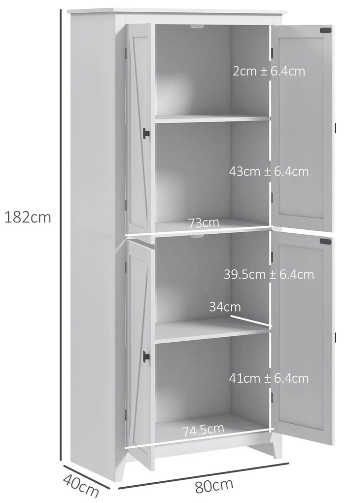 HOMCOM Bufet Modern cu 4 Uși, Rafturi Reglabile și Bază Înălțată, Dulap pentru Bucătărie, 80x40x182 cm, Alb | Aosom Romania