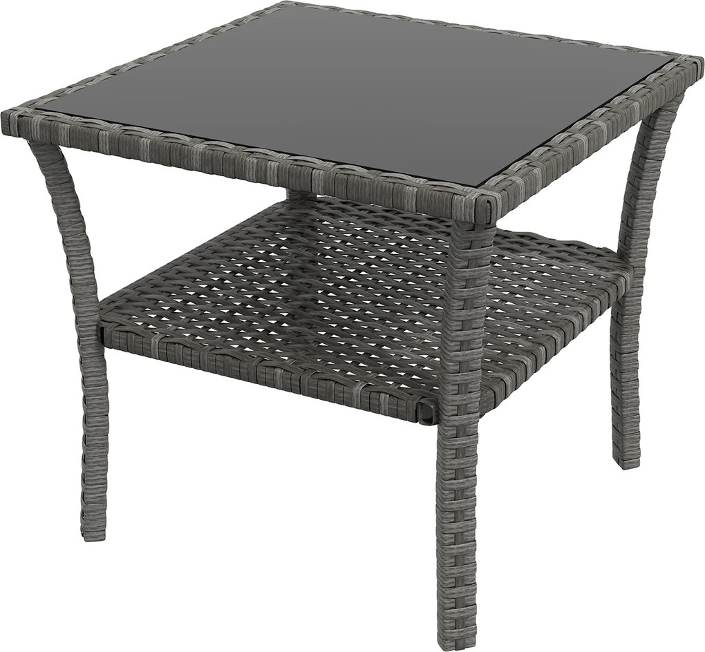 Outsunny Masă de grădină din polyrattan, 50 x 50 x 45 cm, măsuță rezistentă la intemperii pentru 4 persoane, pătrată cu raft și blat din sticlă | Aosom Romania