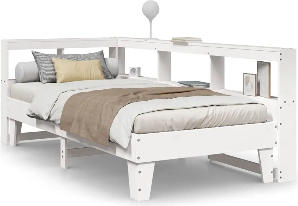 vidaXL Pat cu bibliotecă fără saltea, alb, 90x200 cm, lemn masiv pin