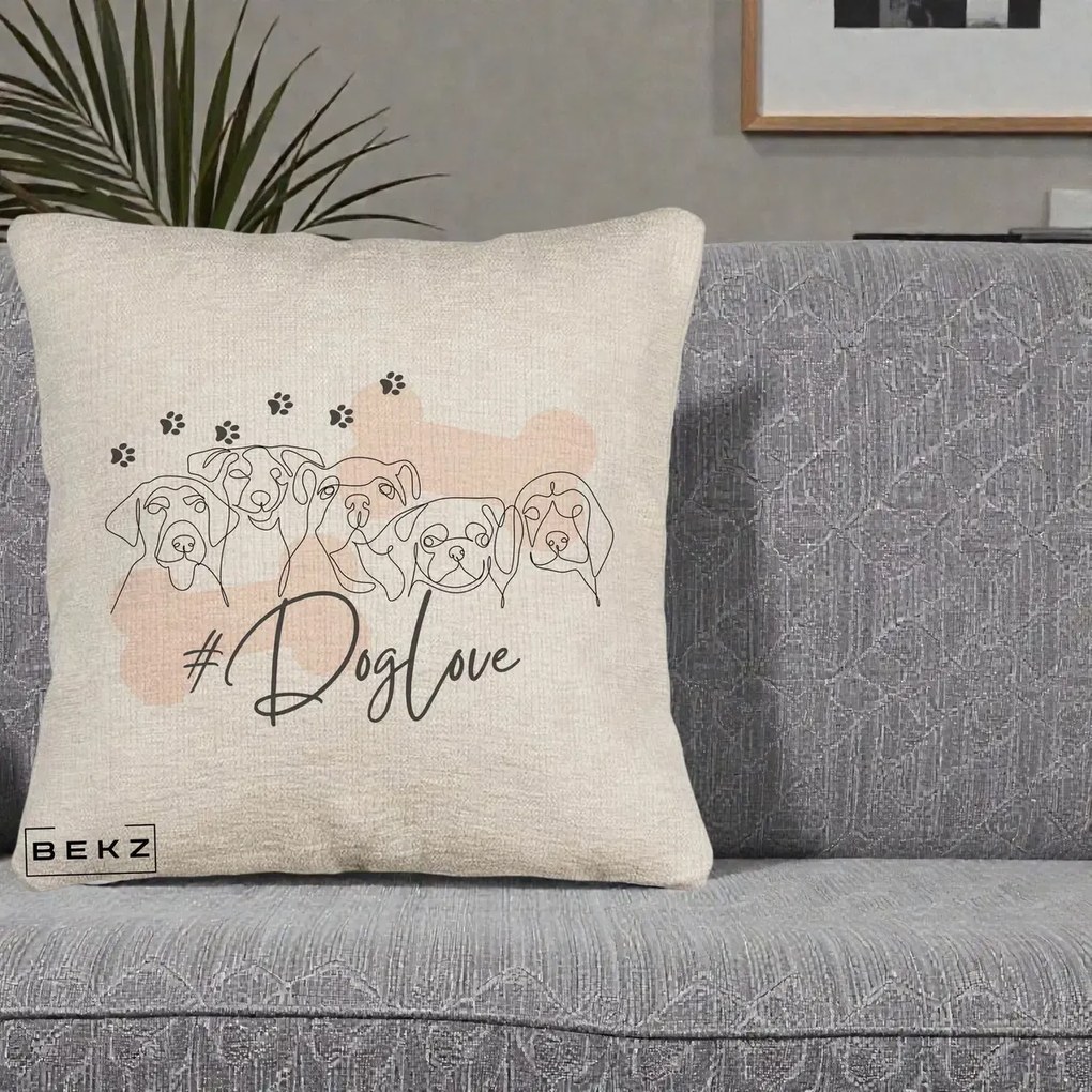 Perna Personalizata Dog Love Linie Minimalista, 40x40 cm, Bej Canapea, Husa Detasabila, Perna Inclusa, BEKZ®