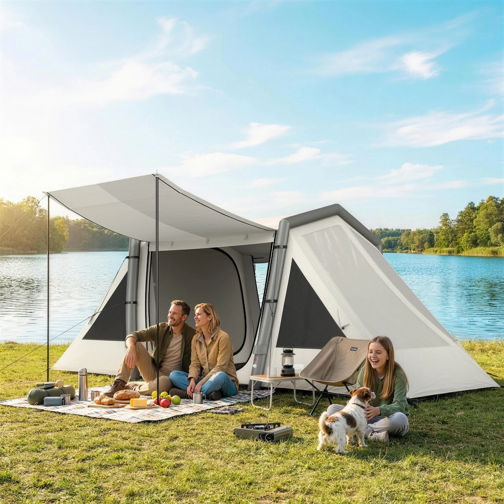 Outsunny Cort gonflabil 6 persoane Montare rapidă Cort outdoor pentru camping cu 2 dormitoare Antreu Fereastră | Aosom Romania
