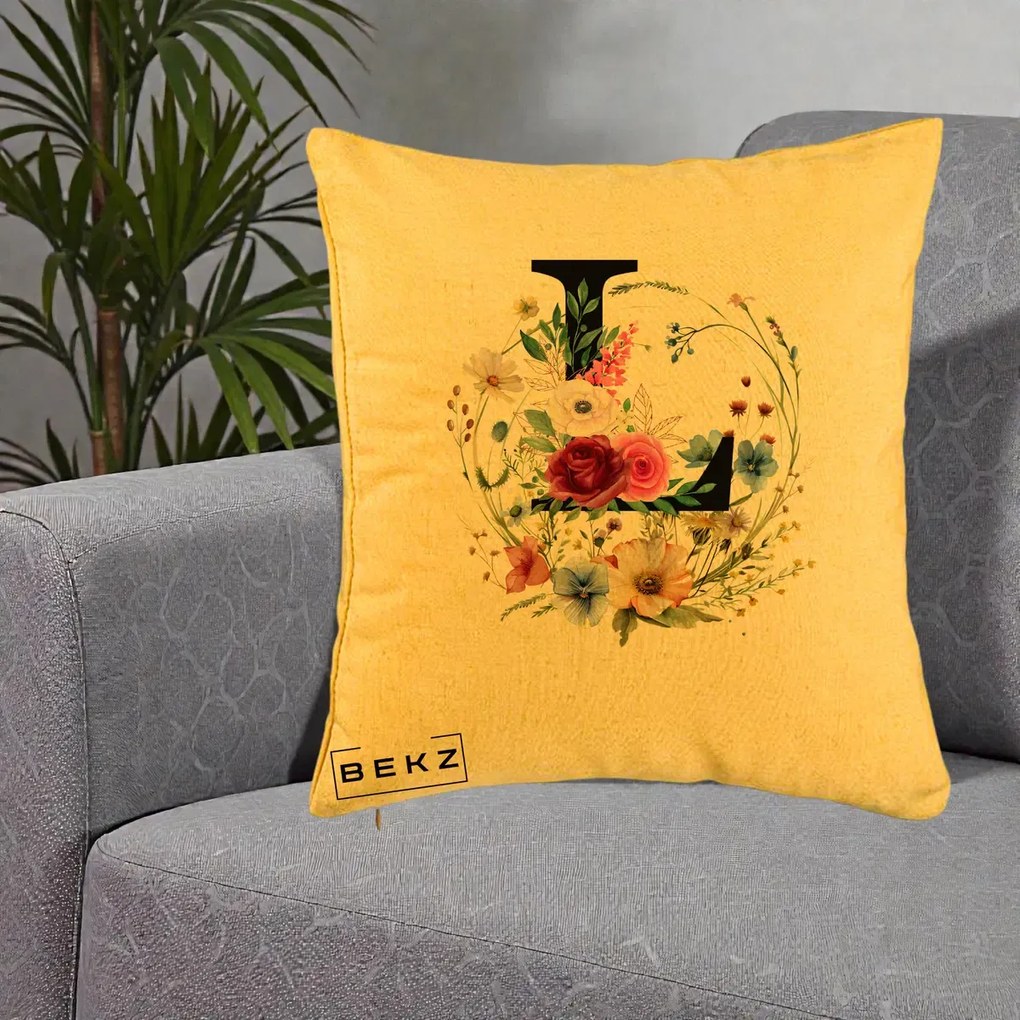 Cadou Personalizat - Perna Personalizata Monogram Litera L cu Flori Acuarela, 40x40 cm, Galben, Husa Detasabila, Perna Inclusa, BEKZ®