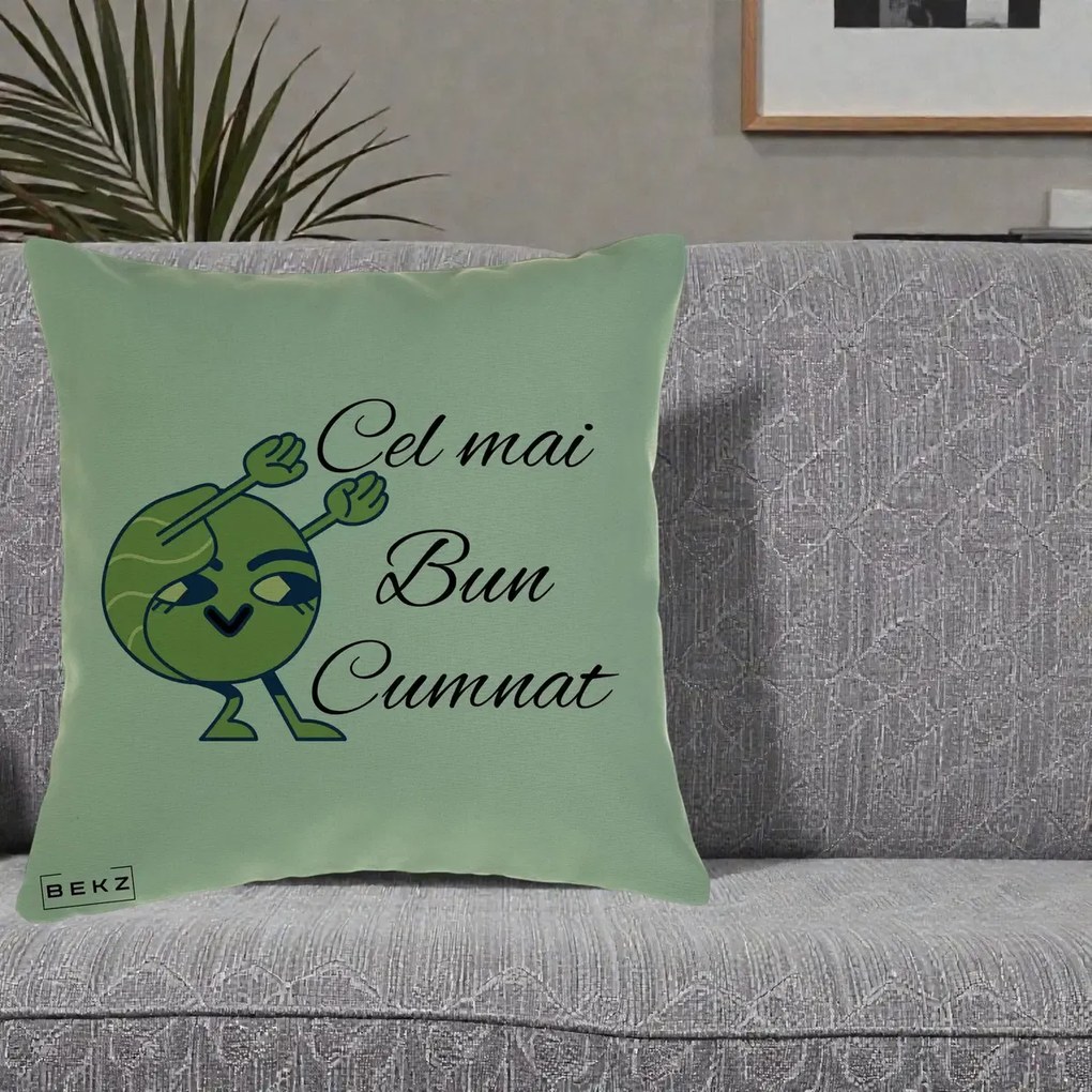 Cadou pentru Cumnat - Perna Personalizata Cel mai Bun Cumnat cu Personaj Funny Verde, 40x40 cm, Verde, Husa Detasabila, Perna Inclusa, BEKZ®