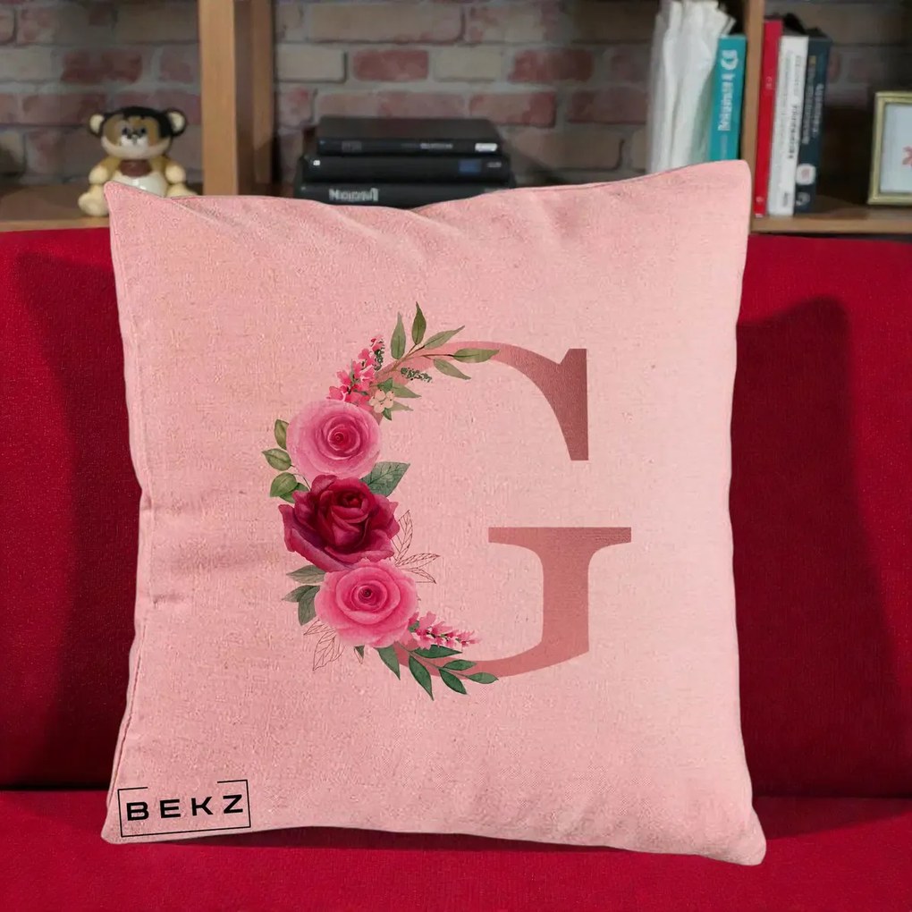 Cadou Personalizat - Perna Personalizata Monograma Rose Gold Litera G, 40x40 cm, Roz, Husa Detasabila, Perna Inclusa, BEKZ®