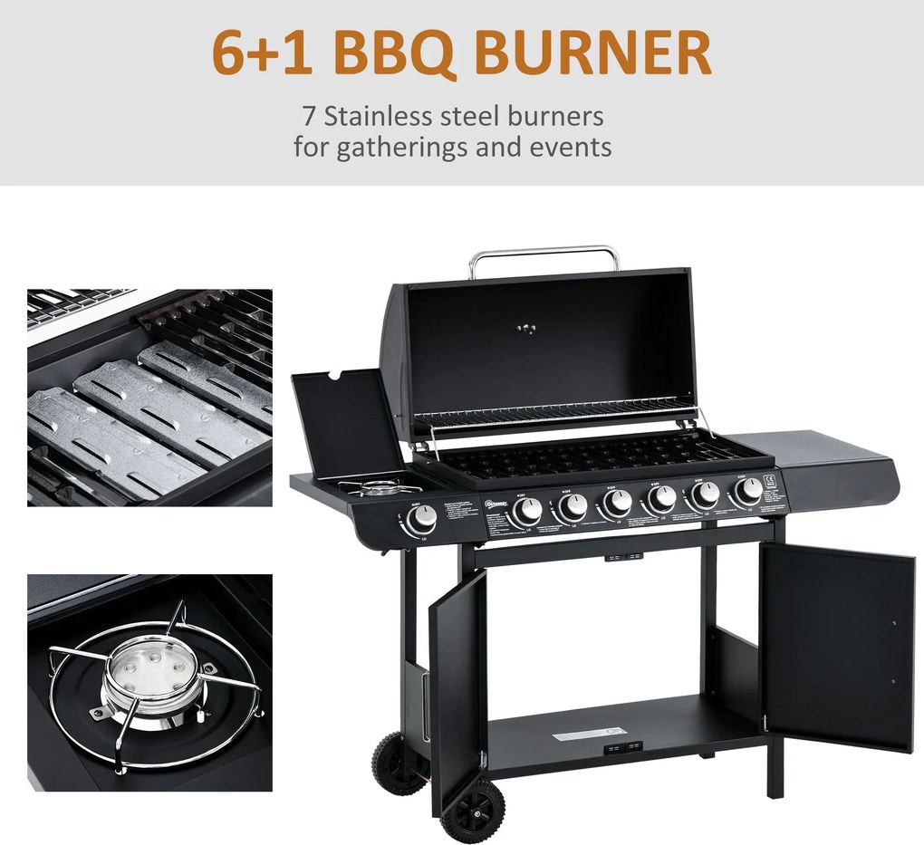 Outsunny Gratar cu Gaz cu Capac si Arzator Lateral, Termometru si 2 Roti