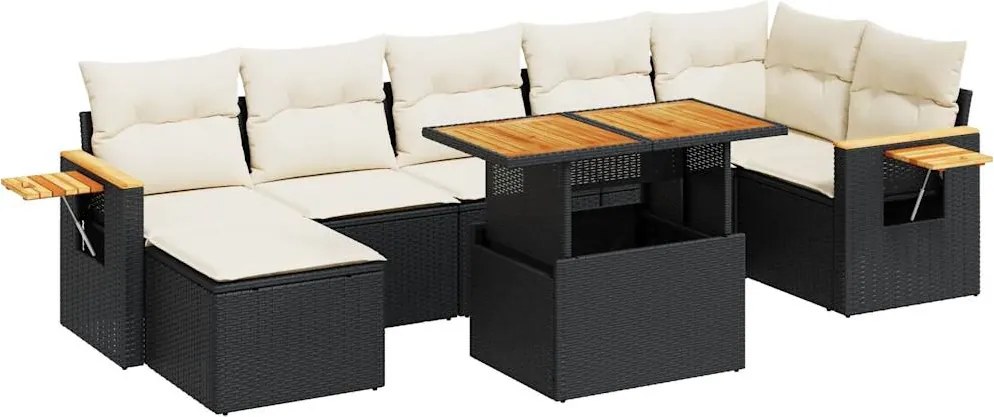 vidaXL Set mobilier grădină perne 8 piese negru, poliratan/lemn acacia