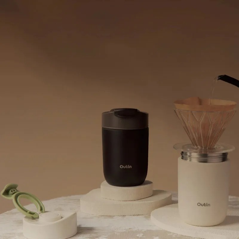 Ceasca termica Outin Travel Tumbler, 350 ml, Mentine cald 6 ore, Rece 12 ore, Otel inoxidabil 316L, Pereti dubli, Izolatie sub vid, Maro teracota