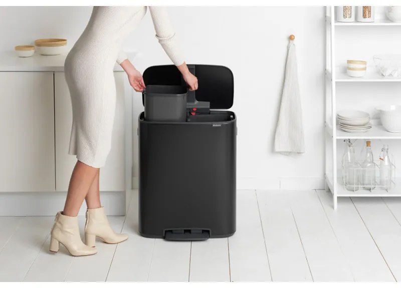Cos de gunoi Brabantia Bo Pedal 1003191, 2x30 L, Inchidere lina, Baza antiderapanta, Negru