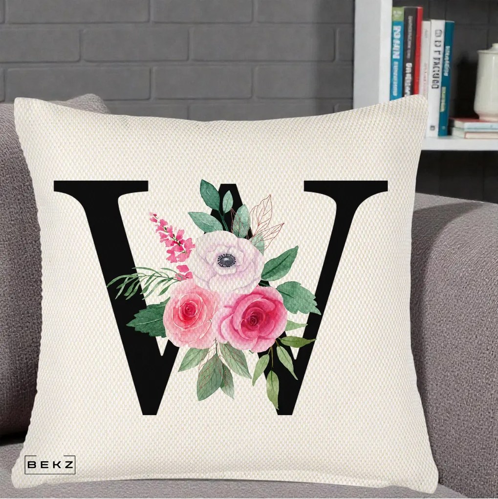 Cadou Personalizat - Perna Personalizata Monograma Florala Litera W cu Trandafiri si Anemona, 40x40 cm, Crem Reliefat, Husa Detasabila, Perna Inclusa, BEKZ®