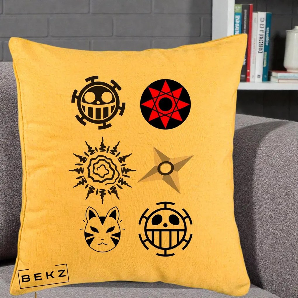 Perna Personalizata Simboluri Anime Mix - Naruto One Piece, 40x40 cm, Galben, Husa Detasabila, Perna Inclusa, BEKZ®