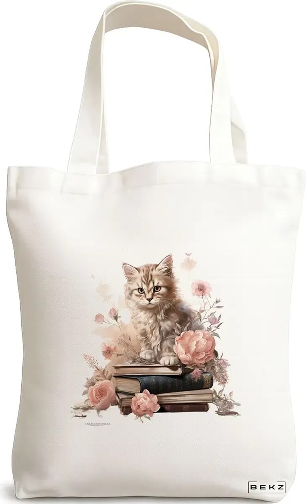 Sacosa de Panza pentru Cumparaturi, Geanta Tote, model Reading cat 11 38 x 34.5 cm, Alba, BEKZ®