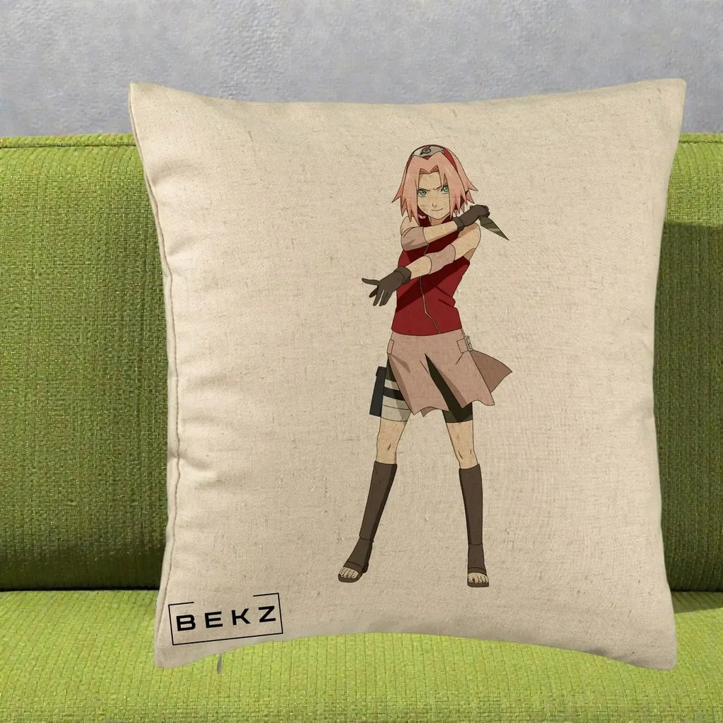 Perna Personalizata Naruto Sakura Haruno Portret, 40x40 cm, Bej, Husa Detasabila, Perna Inclusa, BEKZ®