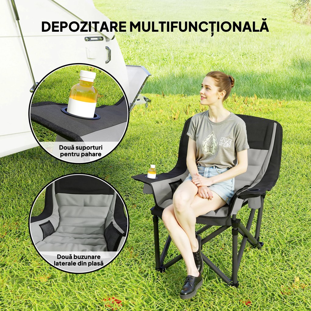Outsunny Scaun de Camping Pliabil cu 2 Suporturi pentru Pahare și Buzunare Laterale, 99x71x103 cm, Gri | Aosom Romania