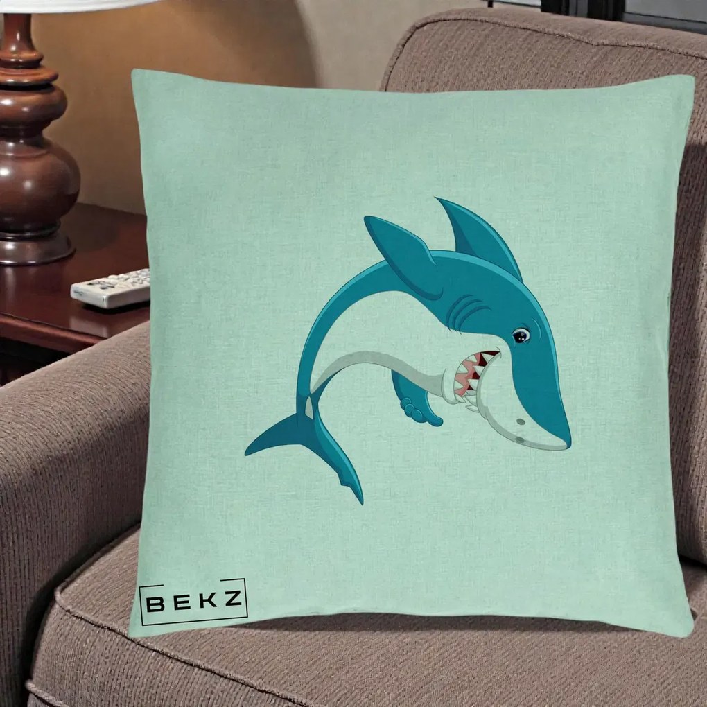 Perna Decorativa Rechin Albastru Cartoon, 40x40 cm, Verde Menta, Husa Detasabila, Perna Inclusa, BEKZ®