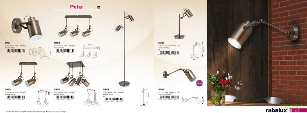 Plafoniera, Lustra cu 2 spoturi design Industrial Style, finisaj bronz antic, Peter 5982 RX