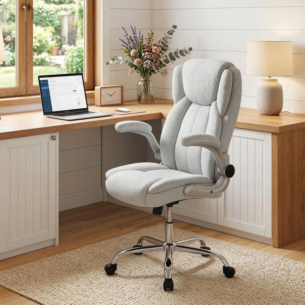 Scaun Ergonomic HOMCOM, Spătar Înalt, Tapițat în Catifea Imprimată, Cotiere Rabatabile, Alb Crem | Aosom Romania