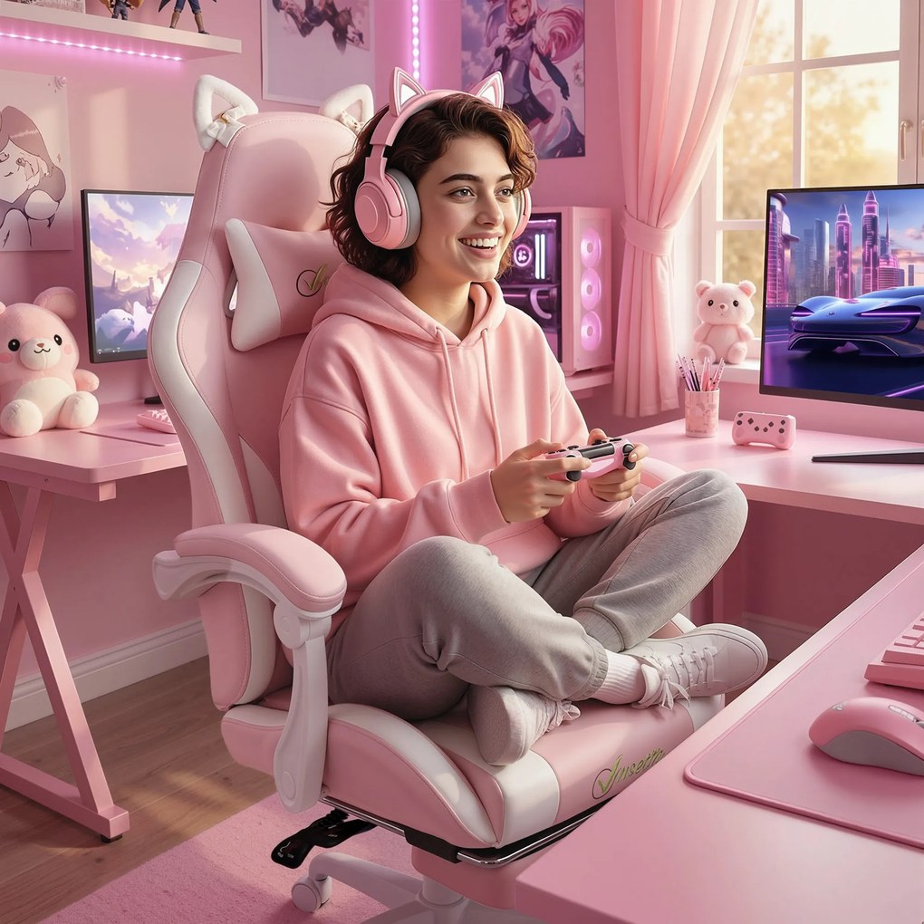Vinsetto Scaun Gaming Ergonomic cu Urechi de Pisică, Fotoliu Gaming Birou Reclinabil din Piele Eco cu Suport pentru Picioare, Tetieră și Înălțime Reglabilă, Suport Lombar și Cervical, Roz | Aosom Romania