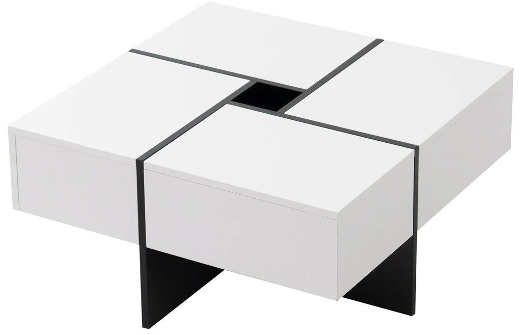 Elegantă măsuță de cafea lucioasă cu 4 sertare, compartiment de depozitare integrat, 70×70×35 cm, Alb+Negru