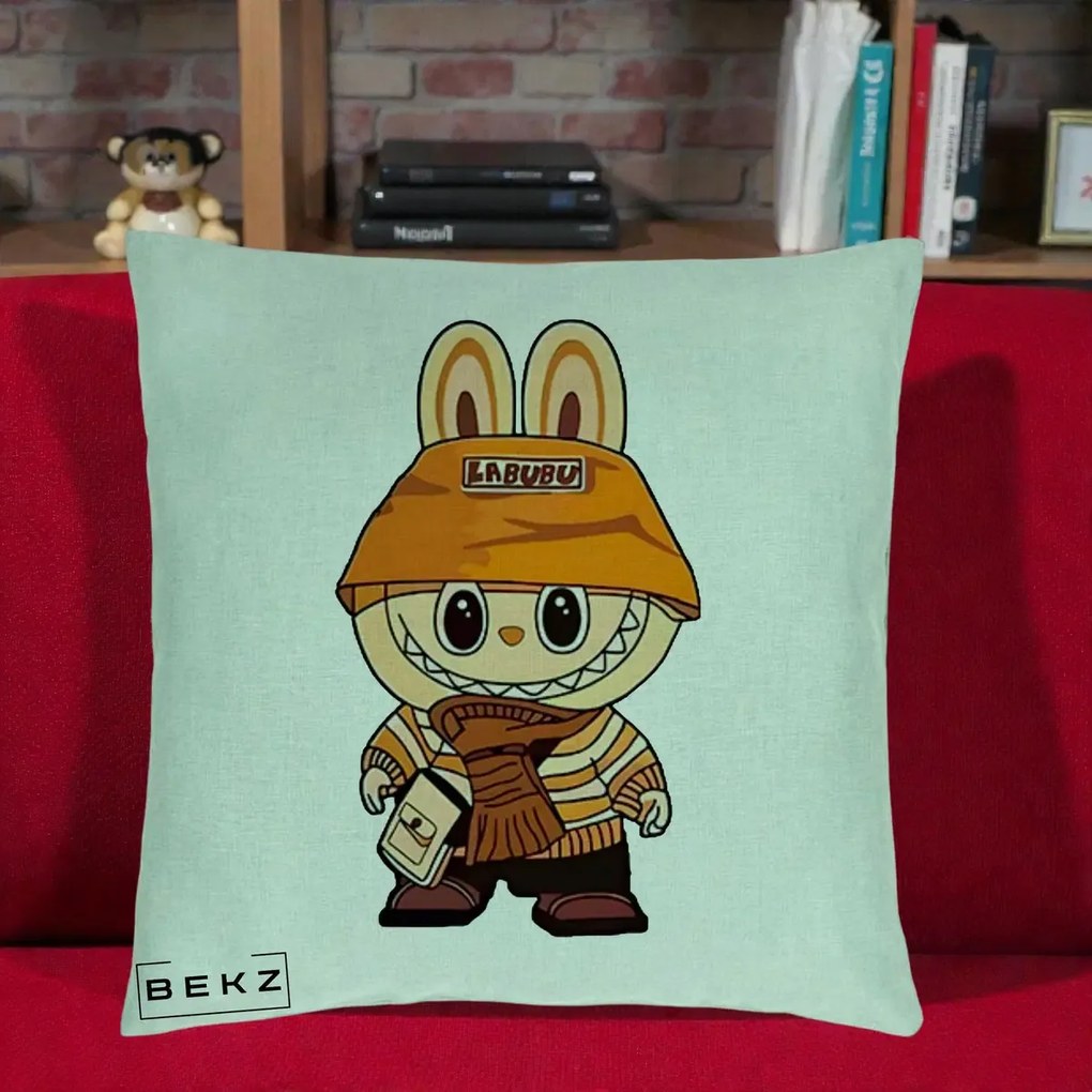 Perna Personalizata Labubu Streetwear Portocaliu, 40x40 cm, Verde Menta, Husa Detasabila, Perna Inclusa, BEKZ®