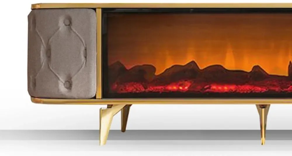 Comoda TV cu șemineu electric și riflaje, boxe Bluethooth, Bej/Auriu, 180x40x50cm
